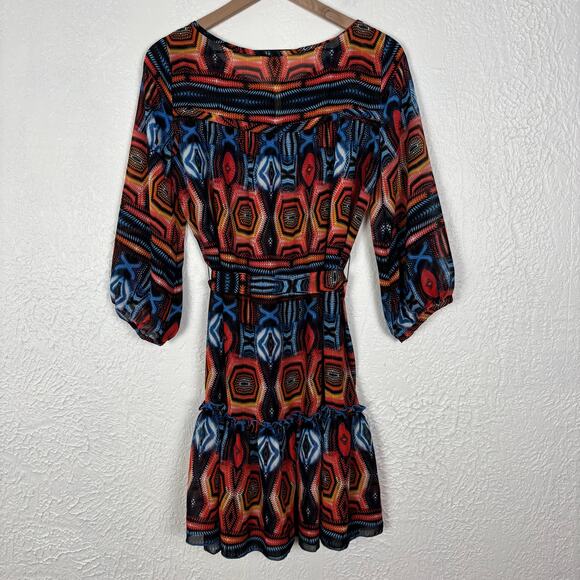 Uncle Frank Vibrant Vivid Bold Geometric Print Tie Waist Mini Dress Boho Small - Picture 2 of 5